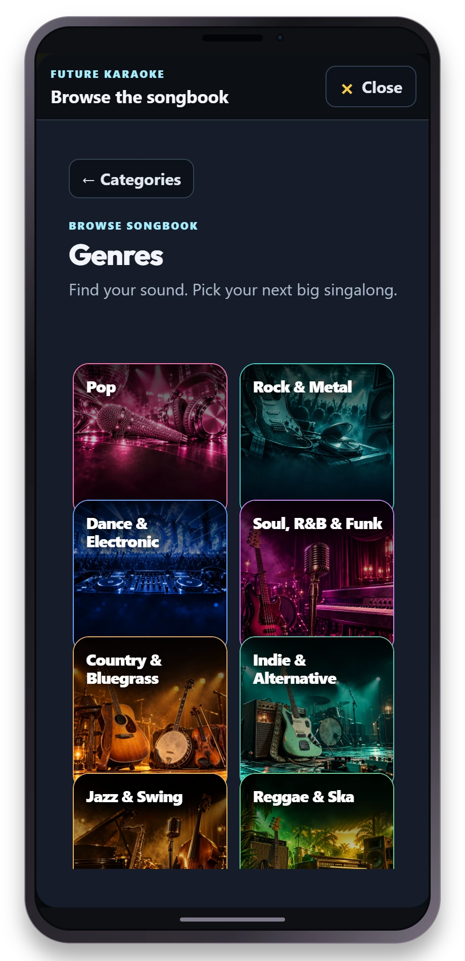 Future Karaoke phone genre browser showing Pop, Rock and Metal, Dance, Soul and more