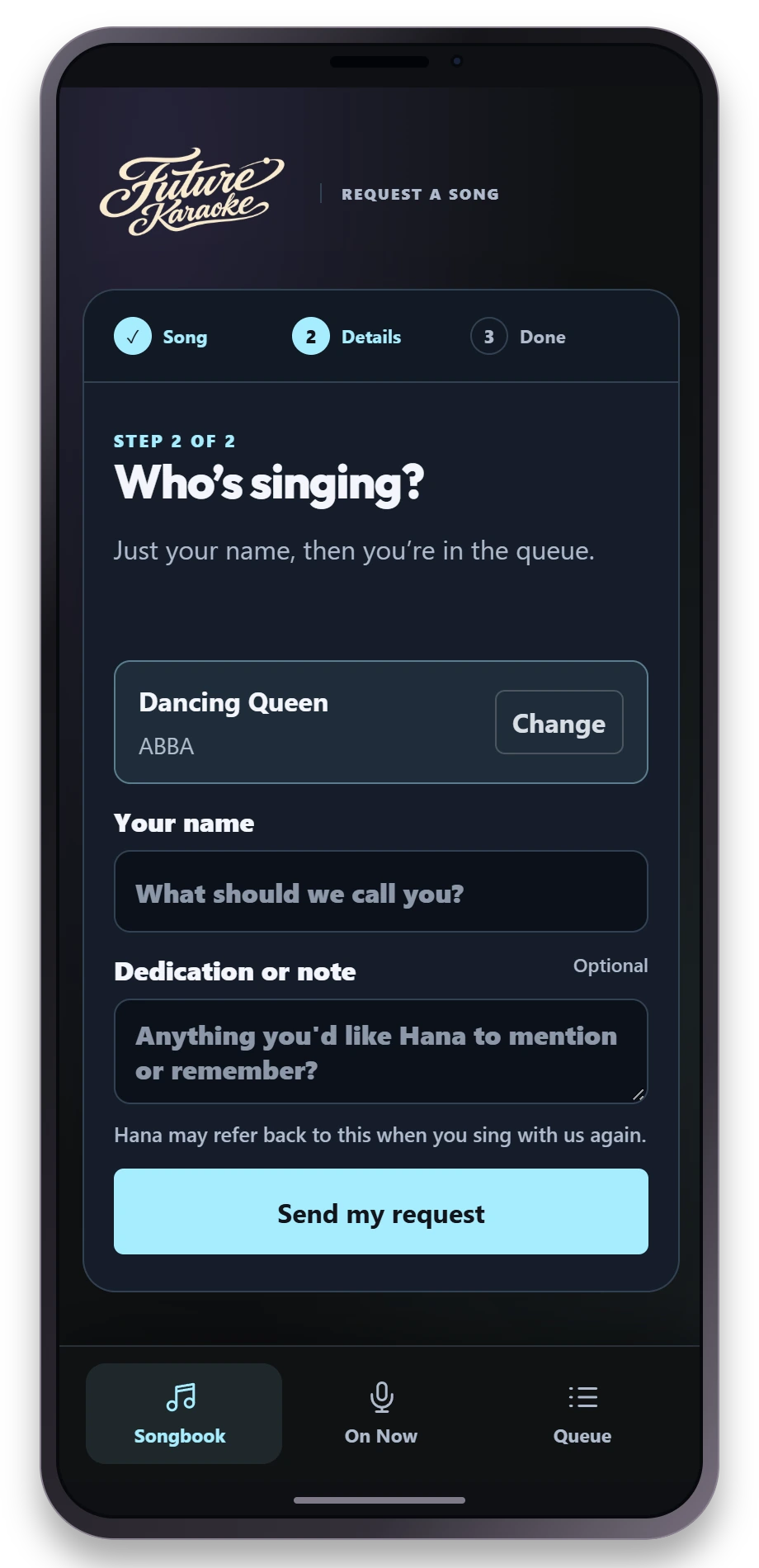 Future Karaoke phone request form with Dancing Queen by ABBA selected