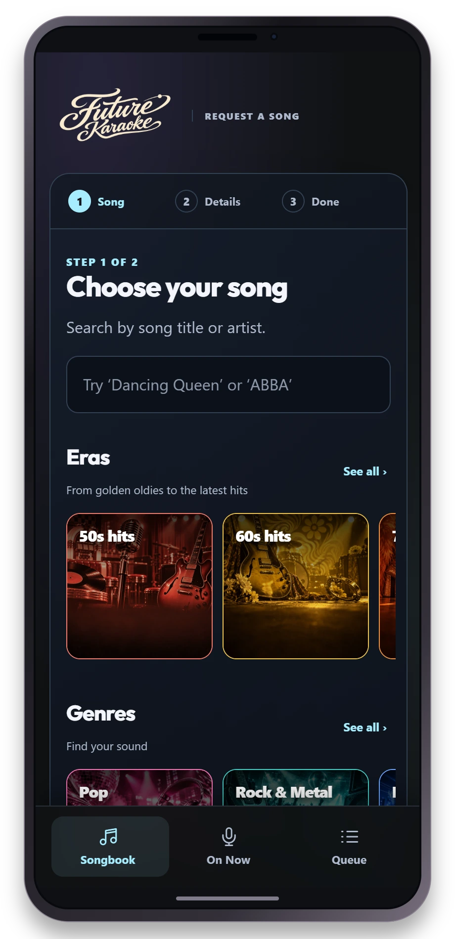 Future Karaoke phone songbook with illustrated eras and genre shelves
