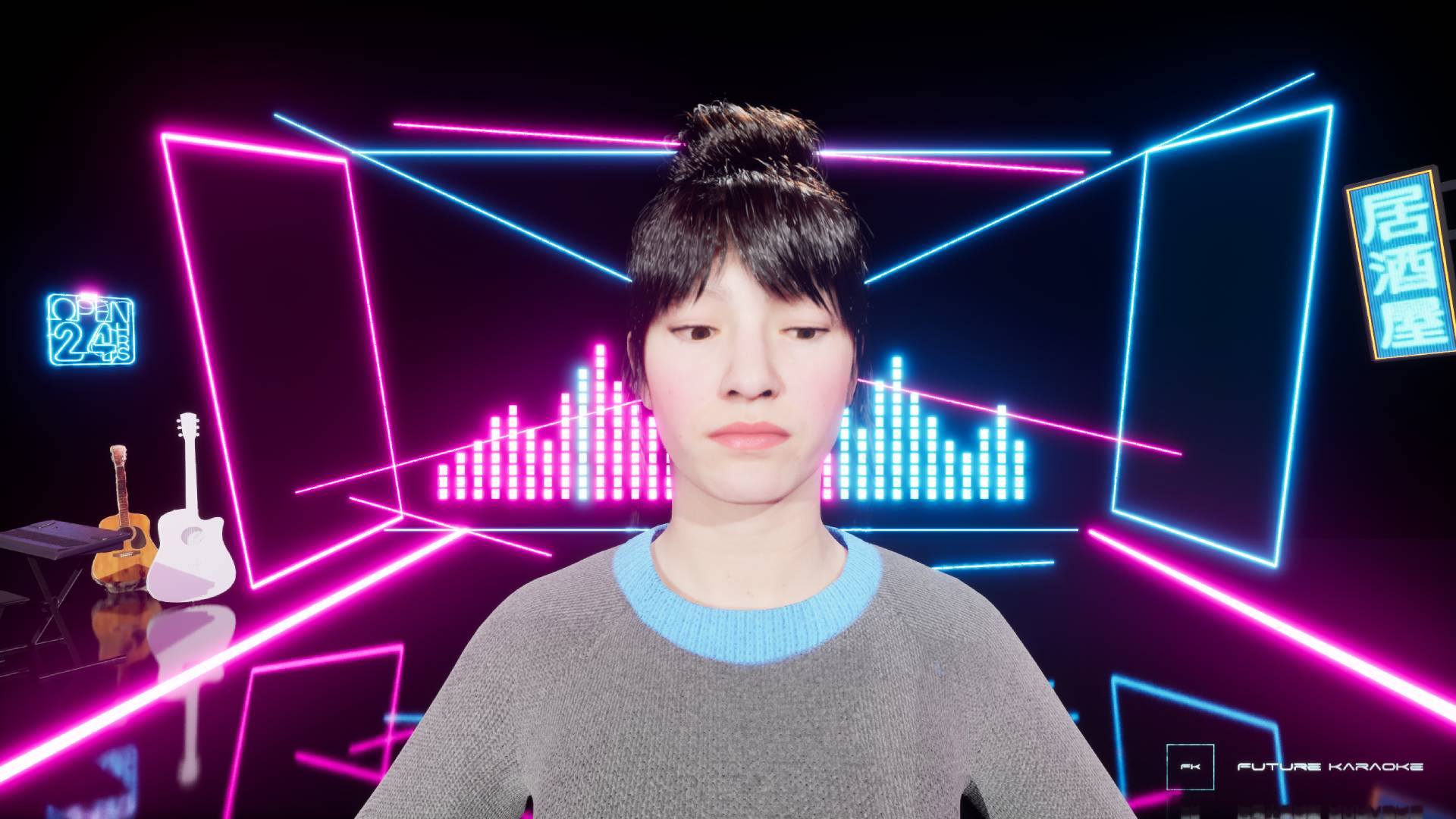 Future Karaoke AI presenter Hana on a neon bar stage screen