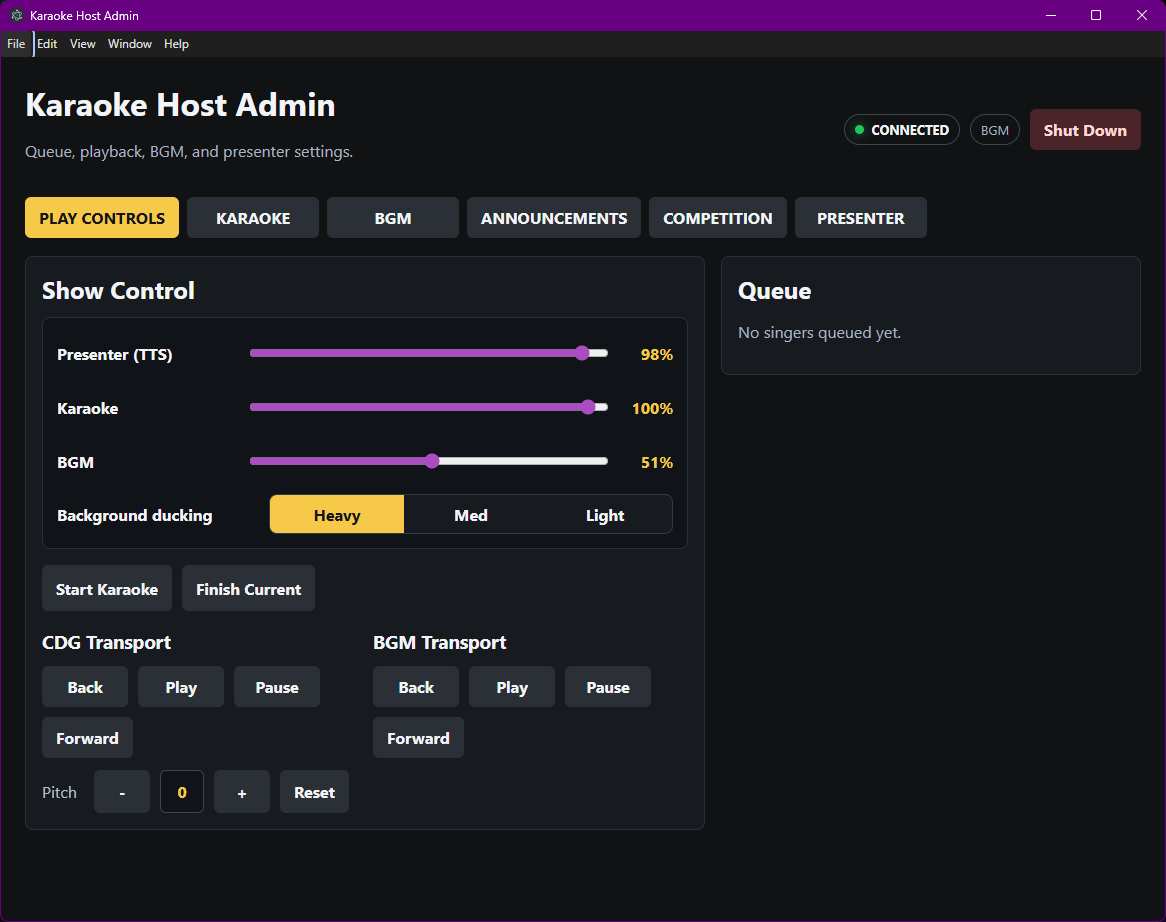 Karaoke Host Admin play controls dashboard