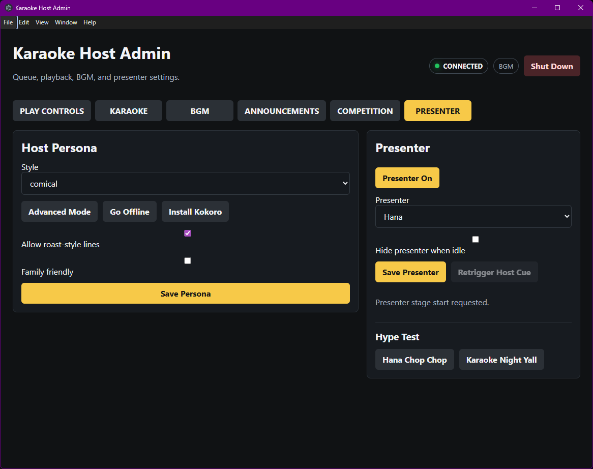 Admin presenter settings dashboard
