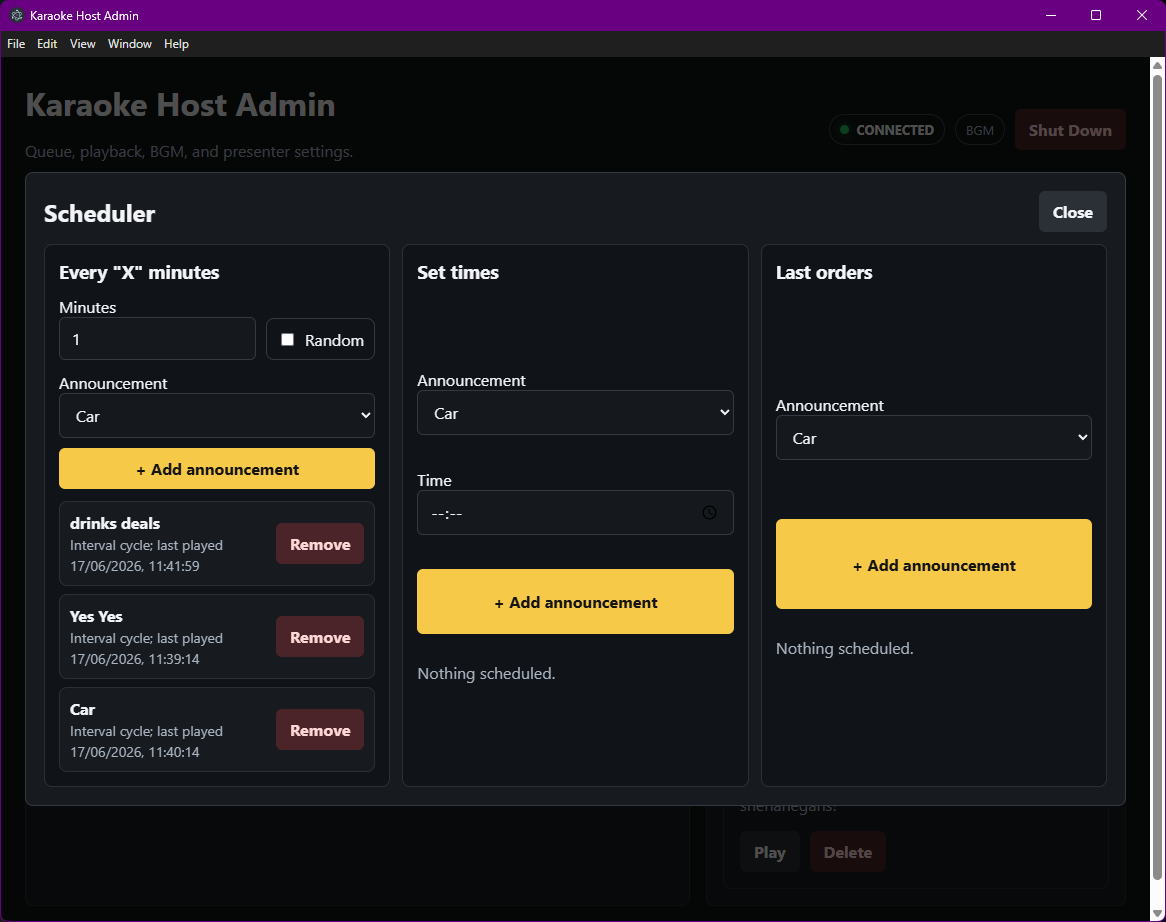 Admin scheduler modal for karaoke announcements