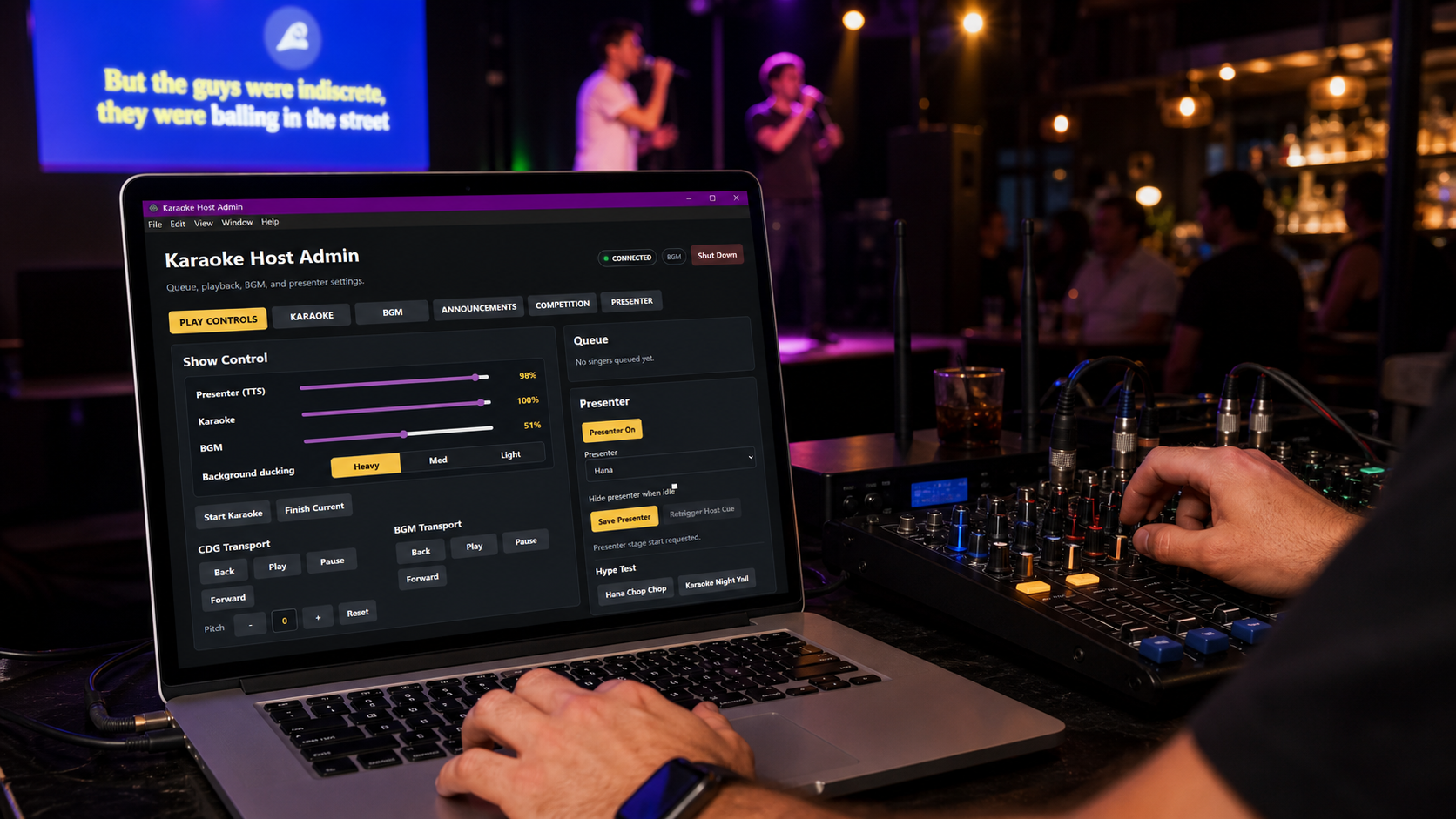 Future Karaoke admin dashboard running on a laptop in a bar host booth
