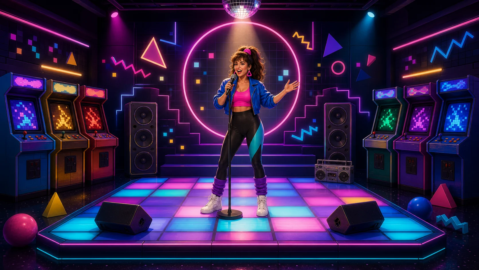 80s arcade karaoke stage with neon cabinets and a light-up dance floor