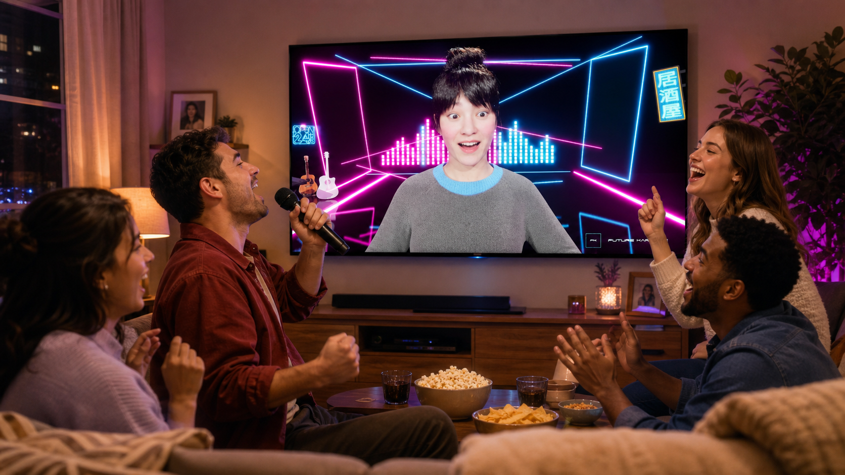 Friends using Future Karaoke at a home party with the AI presenter on TV