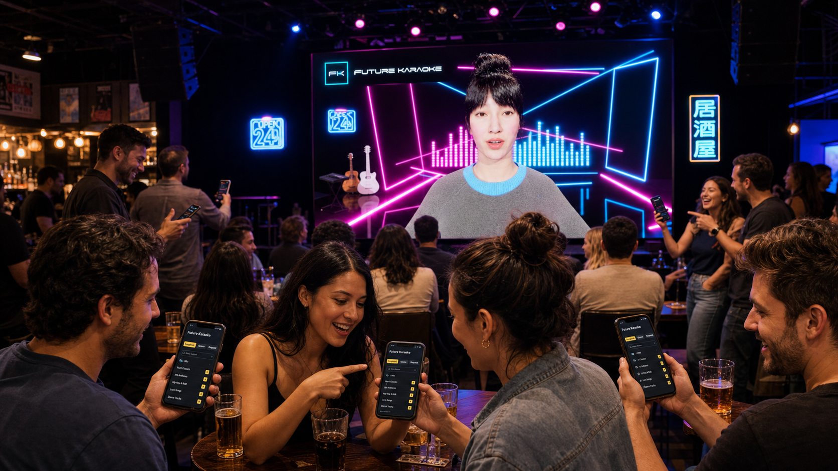 Crowd in a neon bar using phones to join a Future Karaoke night with the AI presenter on stage
