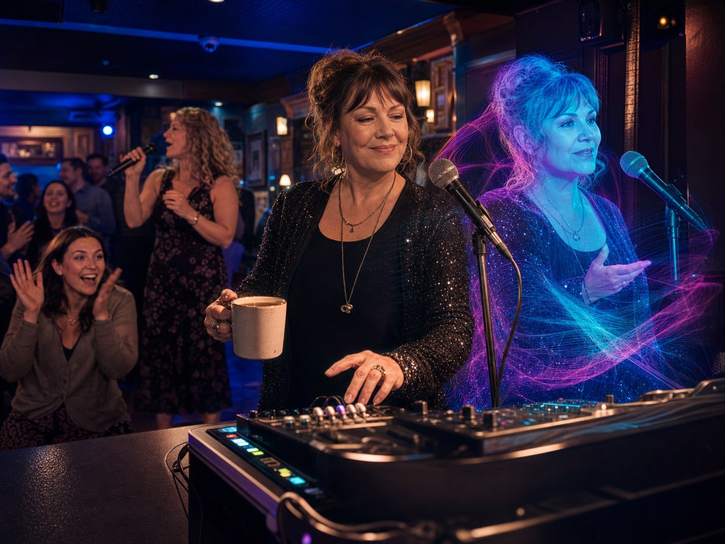 A working karaoke jockey with a mug hands the microphone announcements to a cyan and magenta voice-light twin