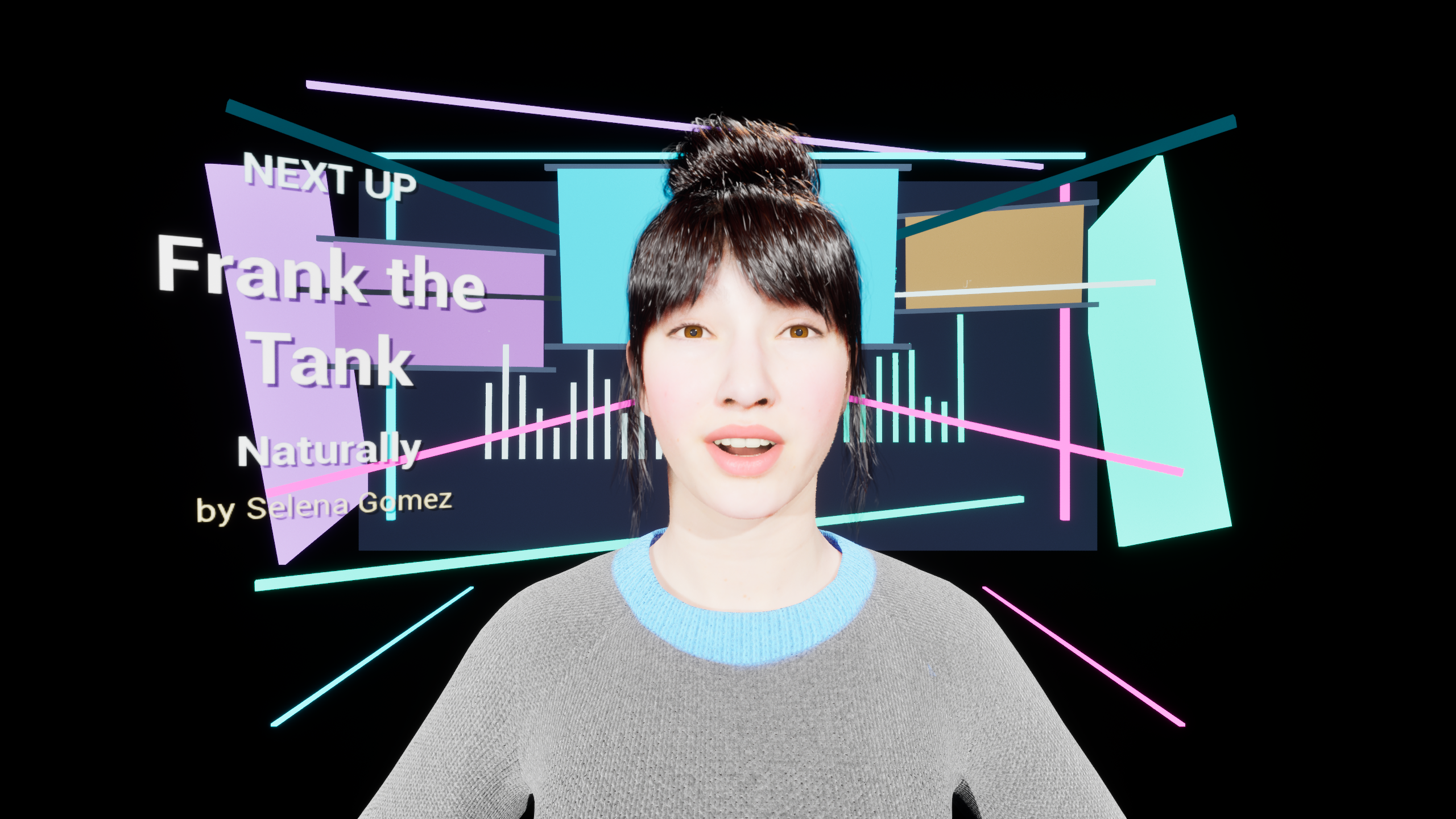 Future Karaoke AI presenter on a neon venue stage screen