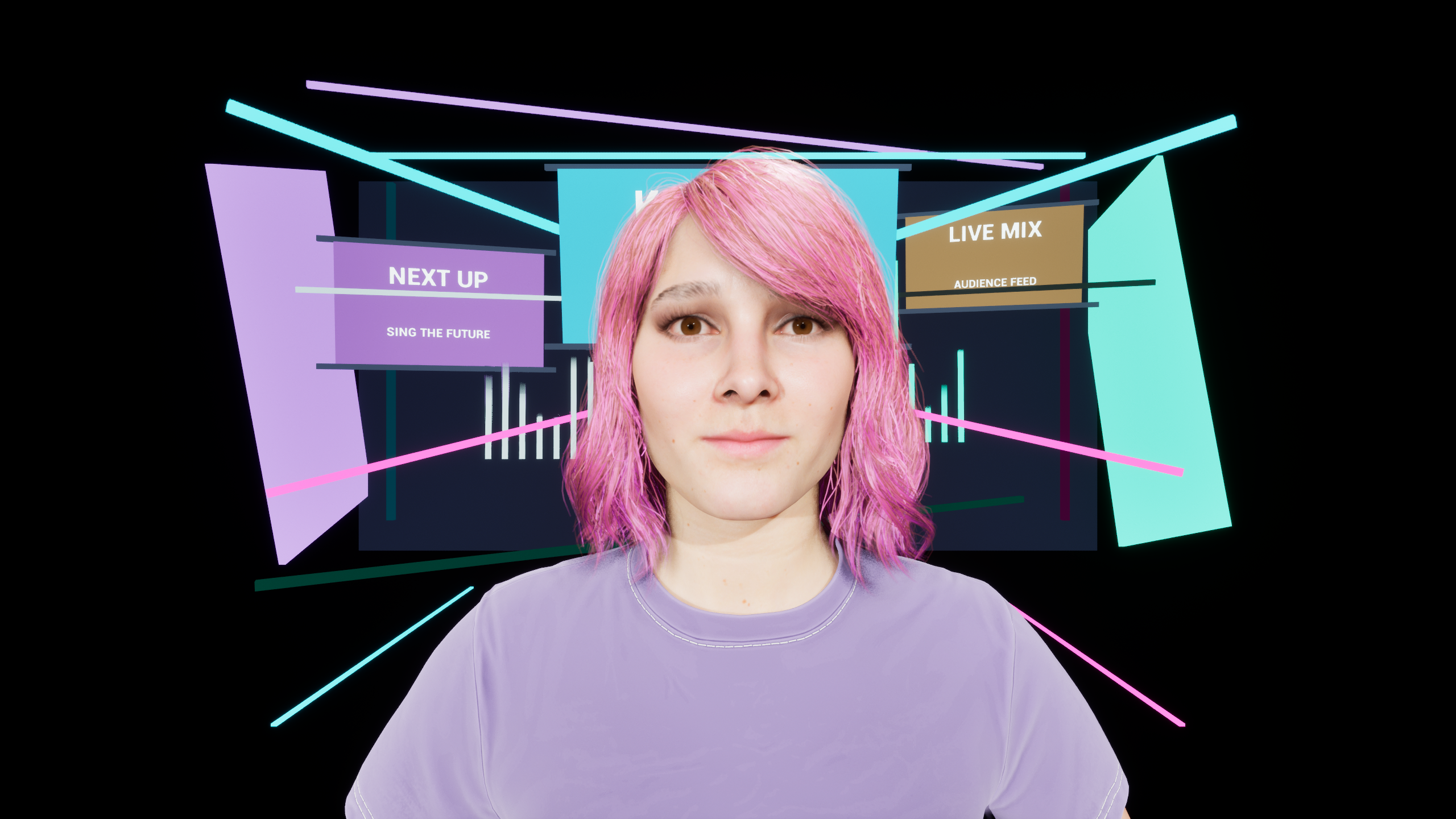 Future Karaoke lifelike virtual presenter on a neon stage screen
