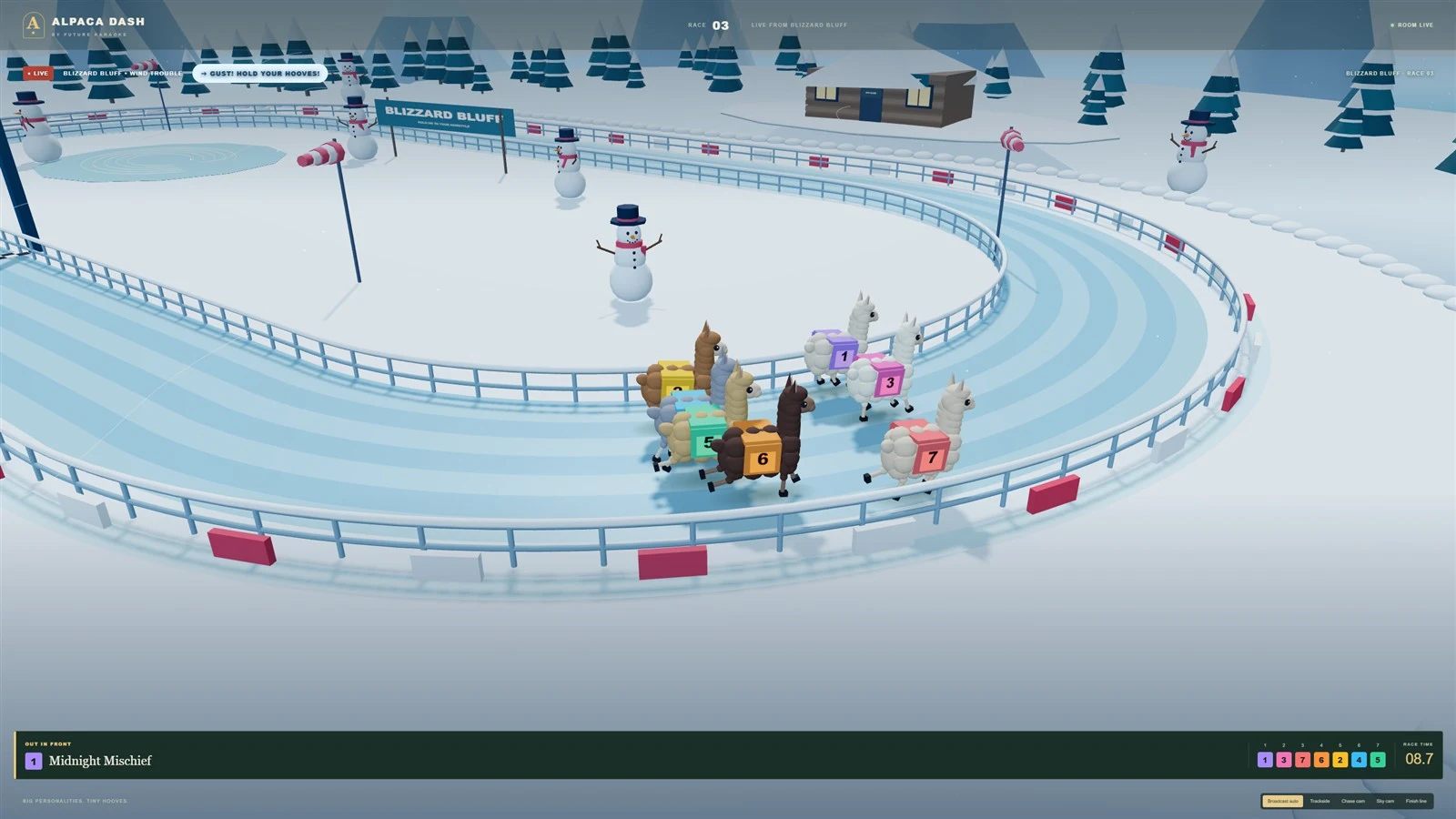 Alpacas racing around an icy course surrounded by snowmen at Blizzard Bluff