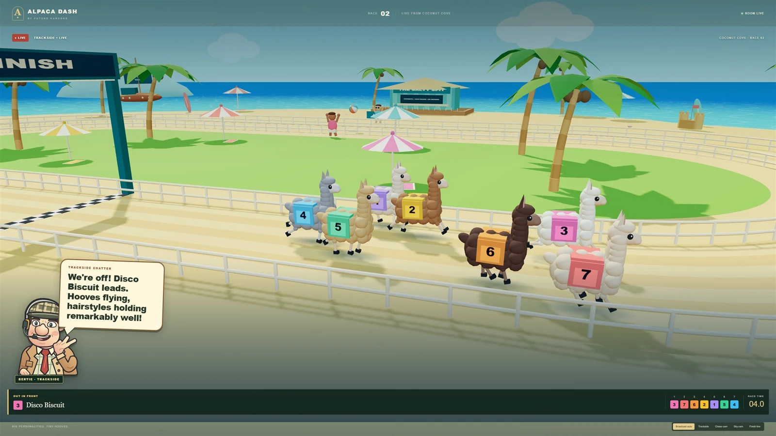 Numbered alpacas racing beside palm trees and the sea at Coconut Cove