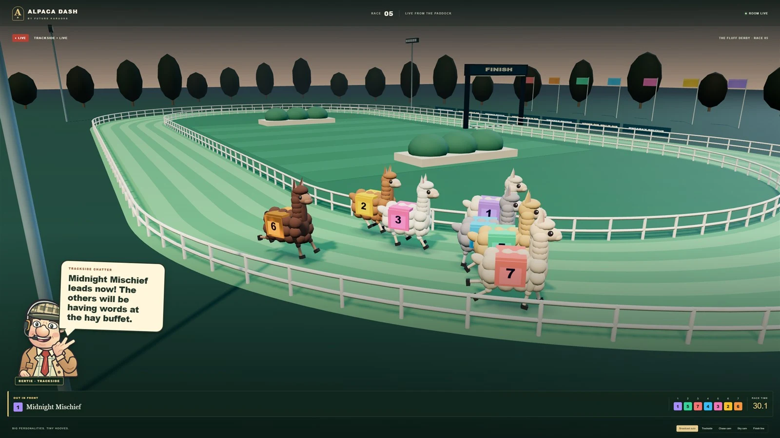 The racing herd rounding the green paddock with Bertie providing trackside chatter