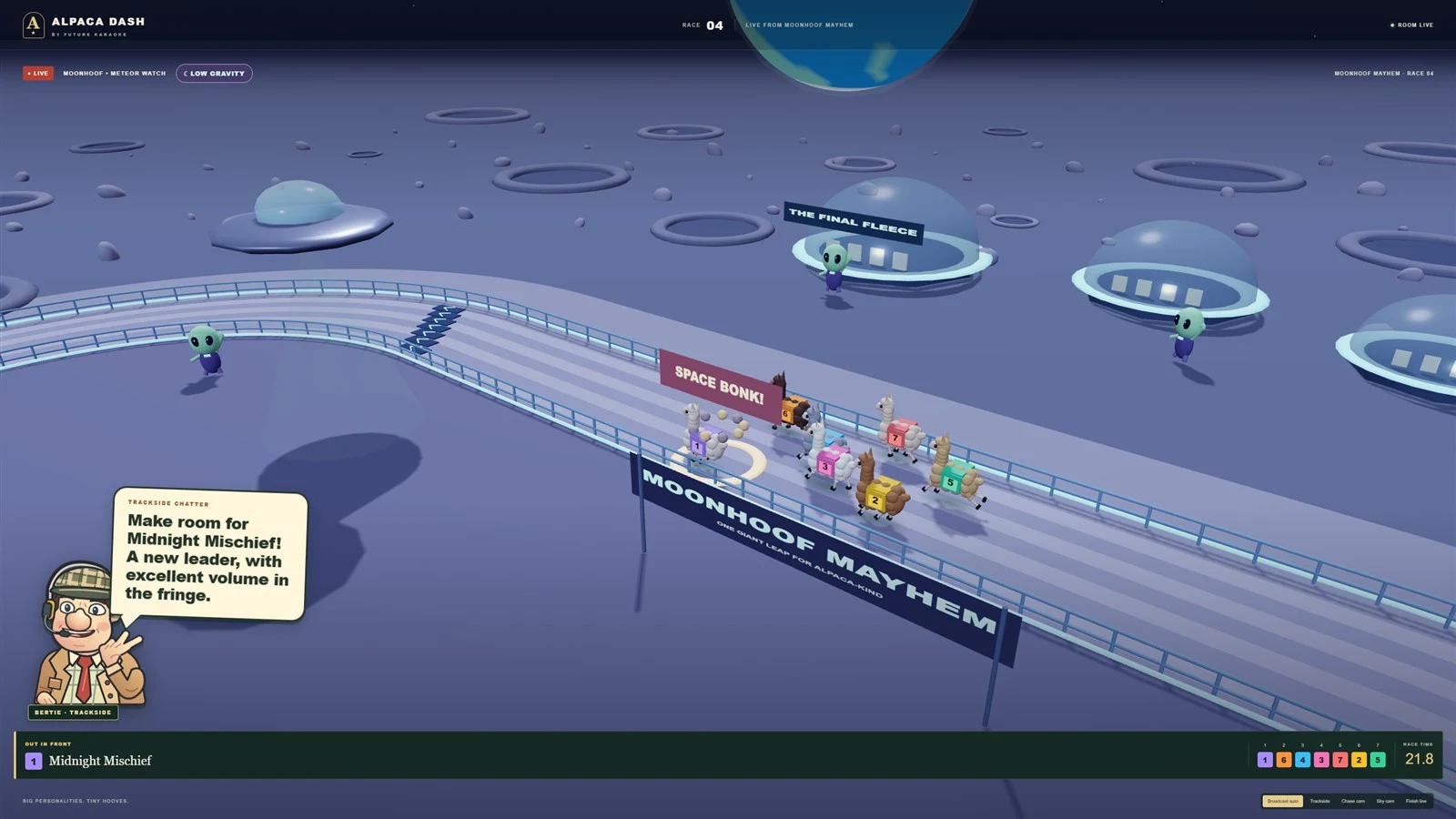 Alpacas on a lunar racetrack with UFOs and aliens at Moonhoof Mayhem