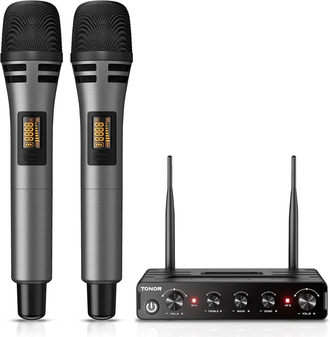 Two grey TONOR TW350 wireless microphones and their receiver