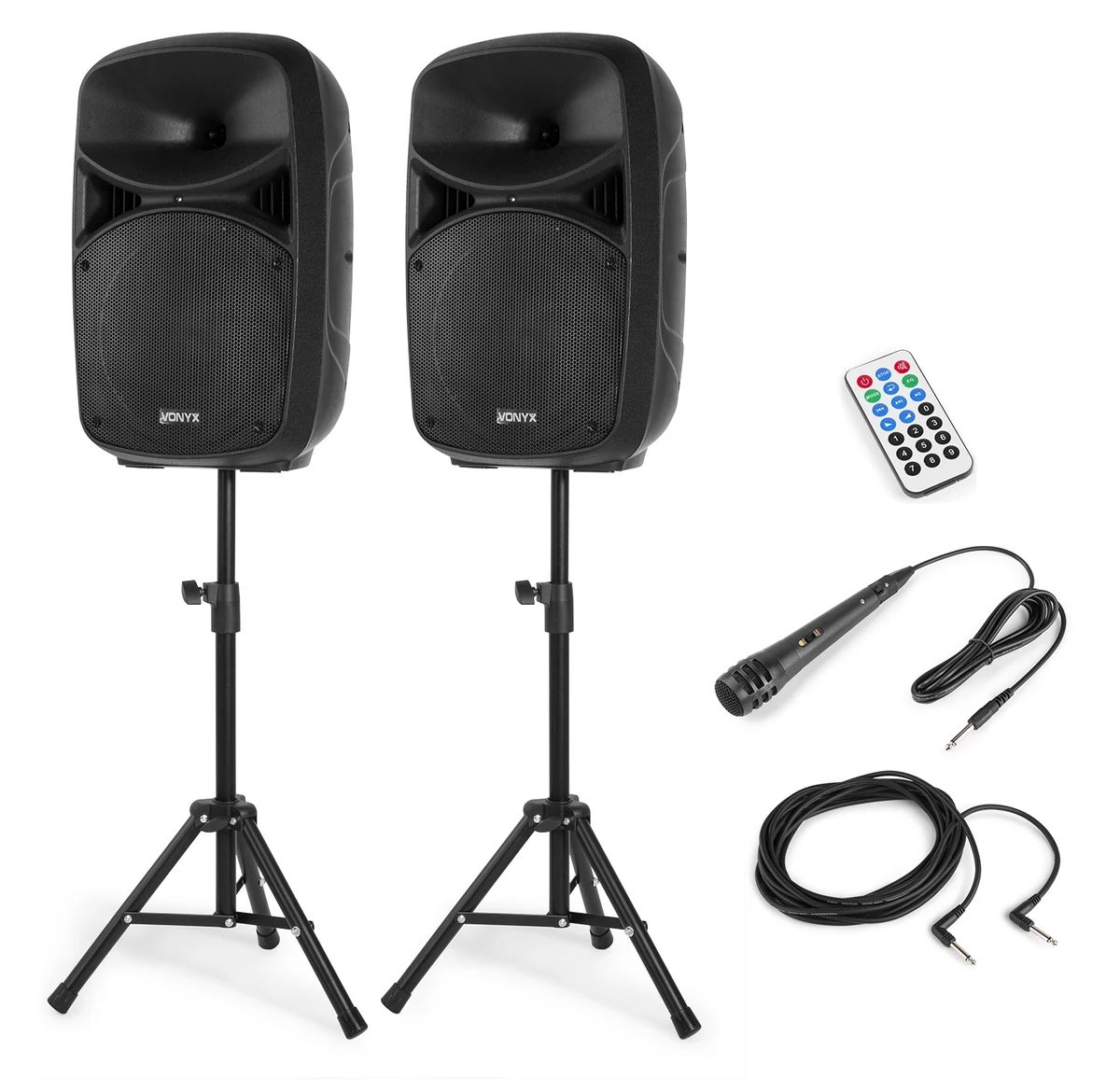 Vonyx VPS102A pair of 10-inch speakers with stands, wired microphone and remote